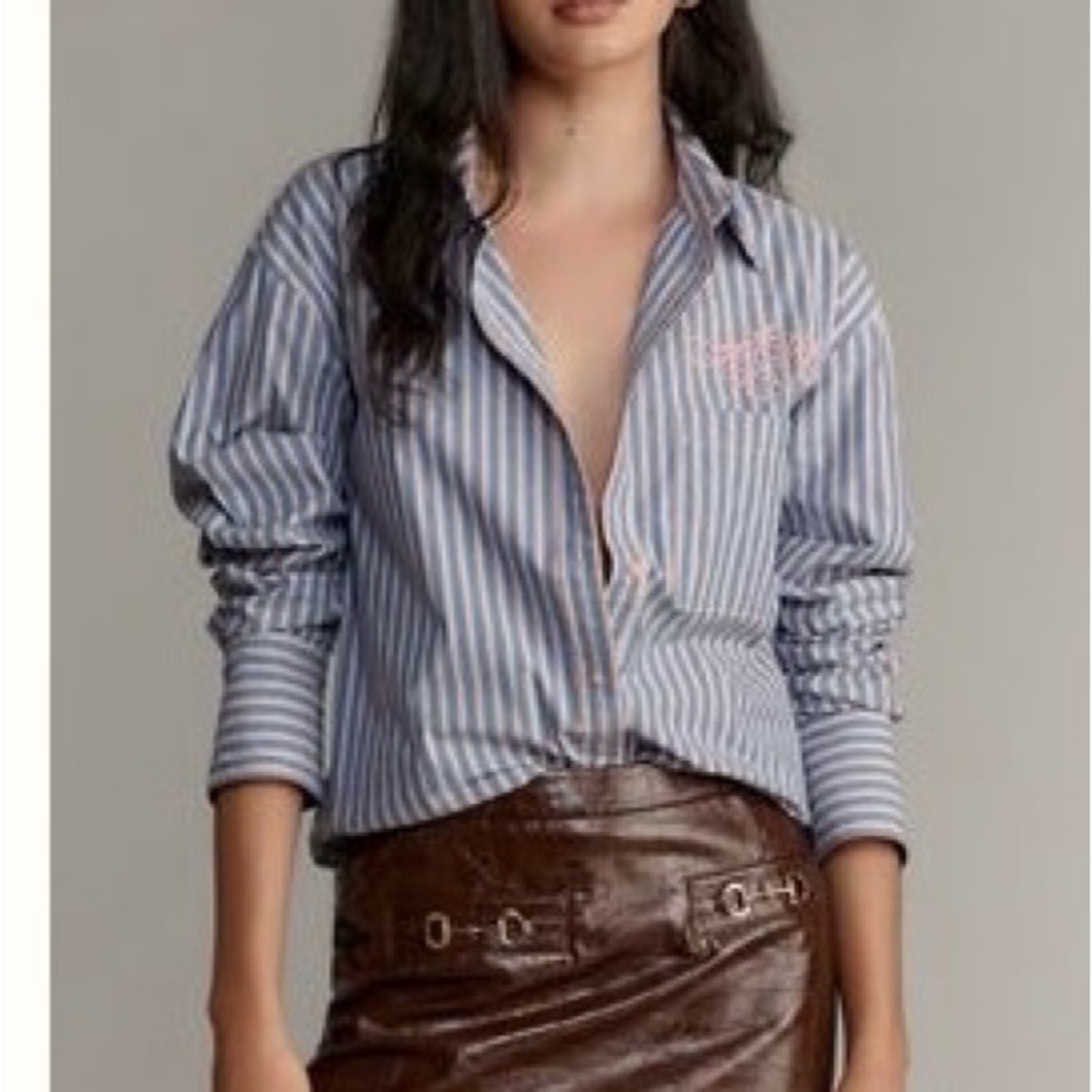 Maeve Blue and White Striped Monogram Buttondown Shirt